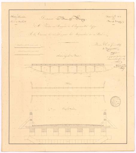 Projet de réparation du vieux pont, pièce n° 3 : élévation générale du pont, plan, coupe en travers / Signé par : Legros, ingénieur ; Petot, ingénieur.